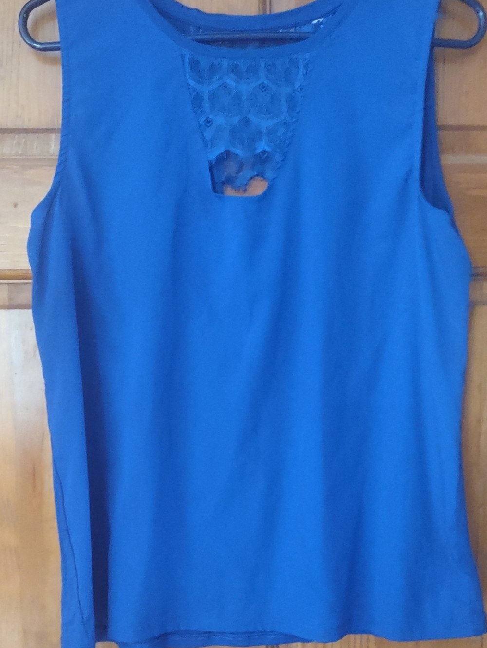 Women's Blue Sleeveless Lace-Yoke Shell Top